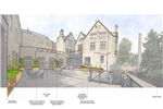 The draft proposal for Hebden Bridge Town Hall courtyard, diverting the downpipes around its edge into rain garden planters. The central space is left clear for events. Gallery Thumbnail