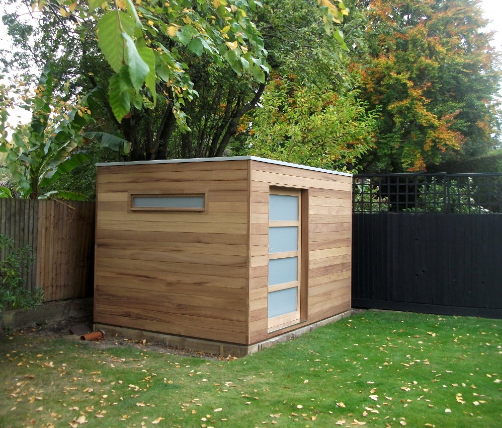 Iroko Box Garden store / posh shed with sliding door & frosted glass Gallery Image