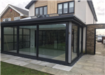 Antracite grey 5"/130mm seamless aluminium gutter to colour match the bi-fold doors on this orangery in Rayliegh, Essex Gallery Thumbnail