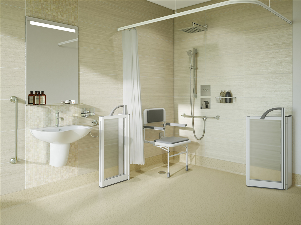 Level access wet room suitable for care homes for the elderly or for those with impaired mobility. Gallery Image