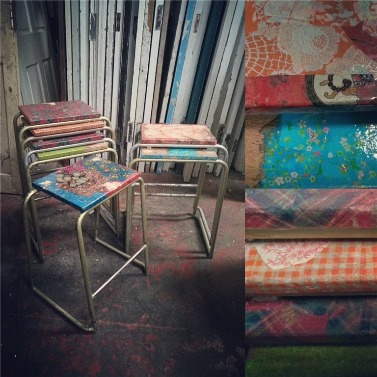 Salvaging and upcycled seating.  These particular stools are sold, but we do stock stools and chairs every so often. Gallery Image