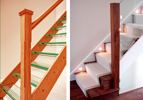 Left: A stunning staircase with glass treads (case study no. 149); Right: Walnut stairs with a glass balustrade (case study no. 5) Gallery Image