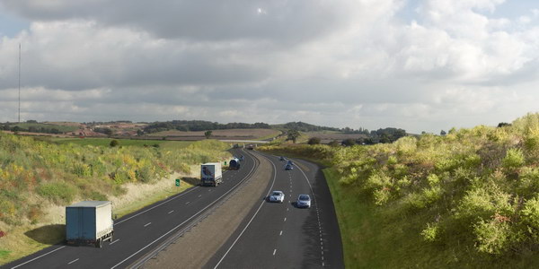 The photomontage  shows a deep cutting into the landscape for the road. The highway earthworks are softened with planting - this was indicative of ten year's growth on the highway verge. Gallery Image