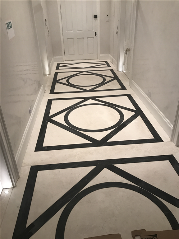 White Emperador marble and Belgian Blue limestone patterned floor, London. Gallery Image