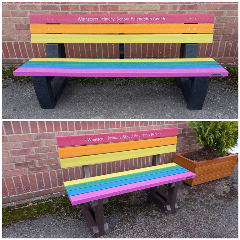Personalised Rainbow Kingston and Rainbow Medlock Buddy Benches. Gallery Image