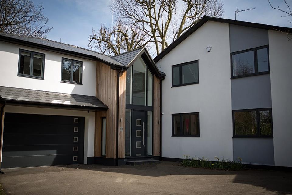 Slate grey (RAL 7015) seamless aluminium gutter and pipe installed to this beautifully refurbioshed home in Brentwood, Essex. Gallery Image