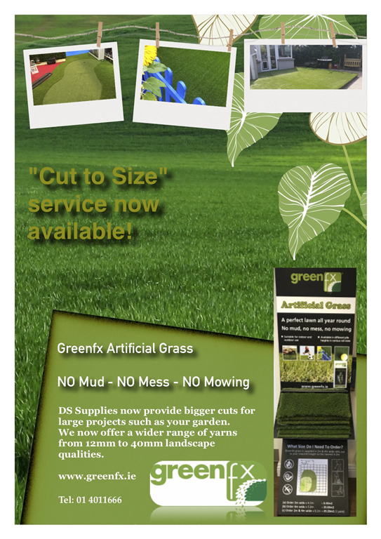 NO MUD - NO MESS - NO MOWING
Greenfx artificial grass "Cut to size" now available in various pile heights from 12mm to 40mm landscape quality. Bigger cuts - Less joints! Gallery Image