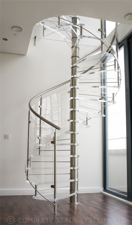 Bespoke Spiral Stair with 30mm acrylic treads, curved balustrade panels and stainless handrail Gallery Image