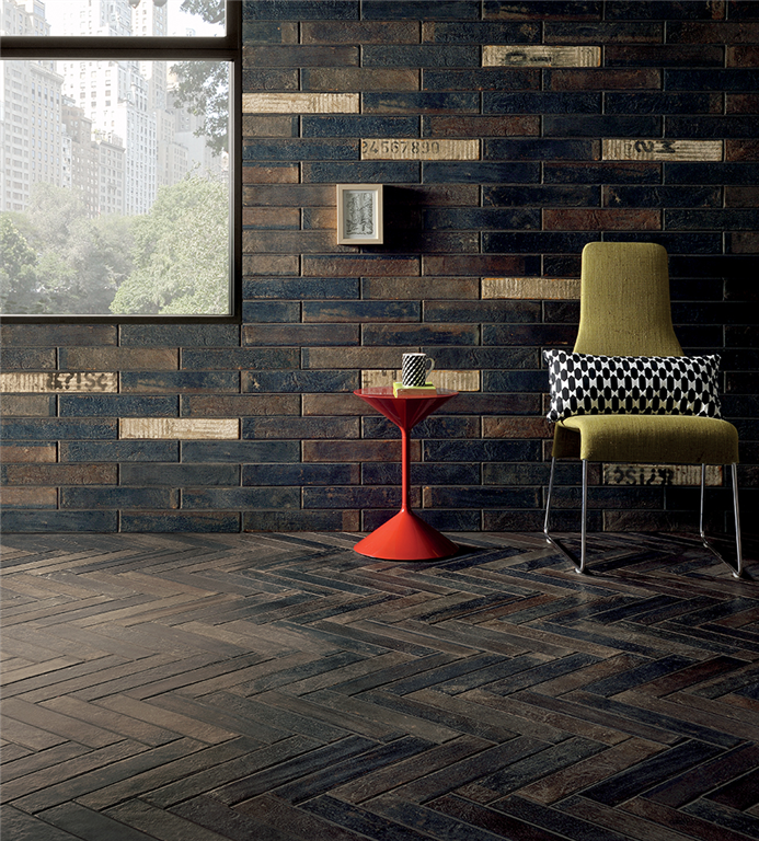Brick effect tile. An authentic distressed texture creates a truly spectacular reclaimed brick effect. available sizes :400x200, 400x75. Shades available: Beige, White, Dark Copper, Grey.  Gallery Image
