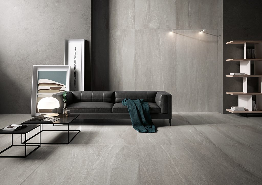 Valmalenco a stone effect tile collection showcased, in a variety of formats, shades and finishes. A pale  through bodied streak sits elongated, across the surface creating an amazing feature. Gallery Image